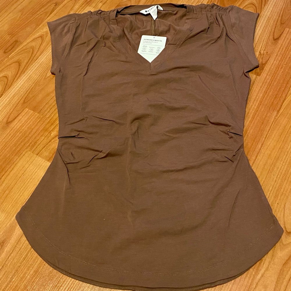NWT! Athleta Women's XS Brown/Tan Outbound V Neck Tee Cinched Detailing